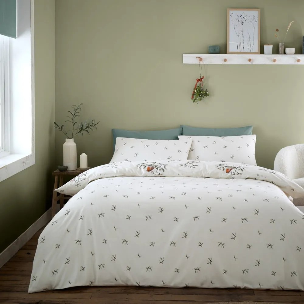 Kremowa flanelowa pościel dwuosobowa 200x200 cm Mistletoe Robins – Catherine Lansfield