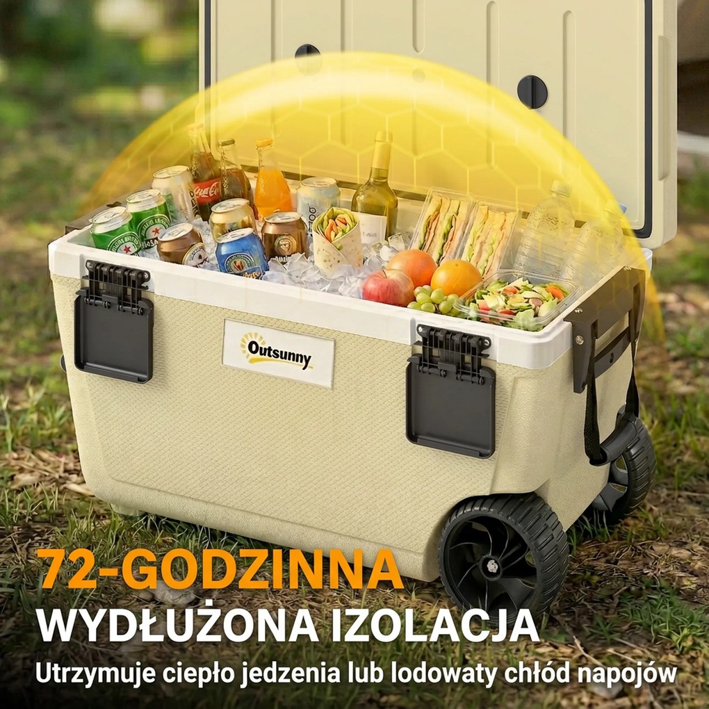 Outsunny Lodówka Turystyczna 70L Duża Pasywna Termobox do 72 Godz. Chłodzenia, z Izolacją PU Kółkami Zaworem Spustowym Uchwyt | Aosom PL
