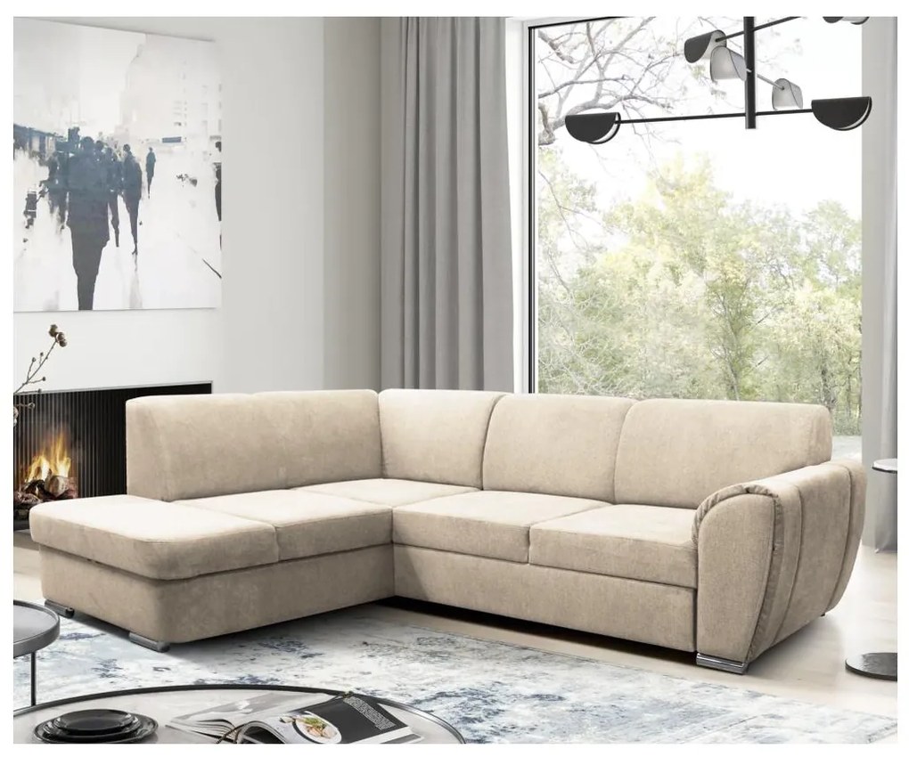 Rozkładany narożnik w układzie L SERPA z pojemnikiem na pościel, lewy, beżowy