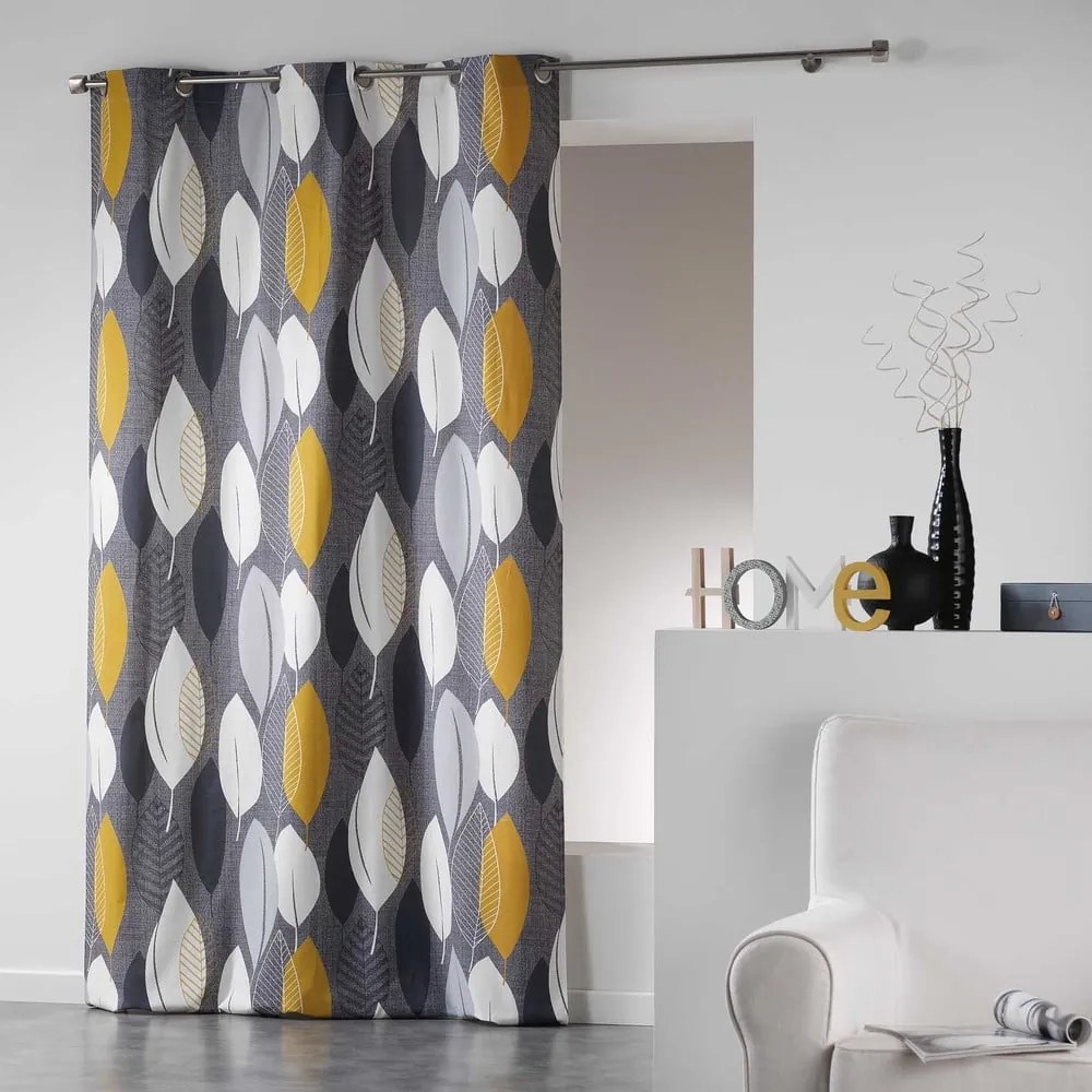 Szaro-żółta zasłona 140x240 cm Leafy – douceur d'intérieur