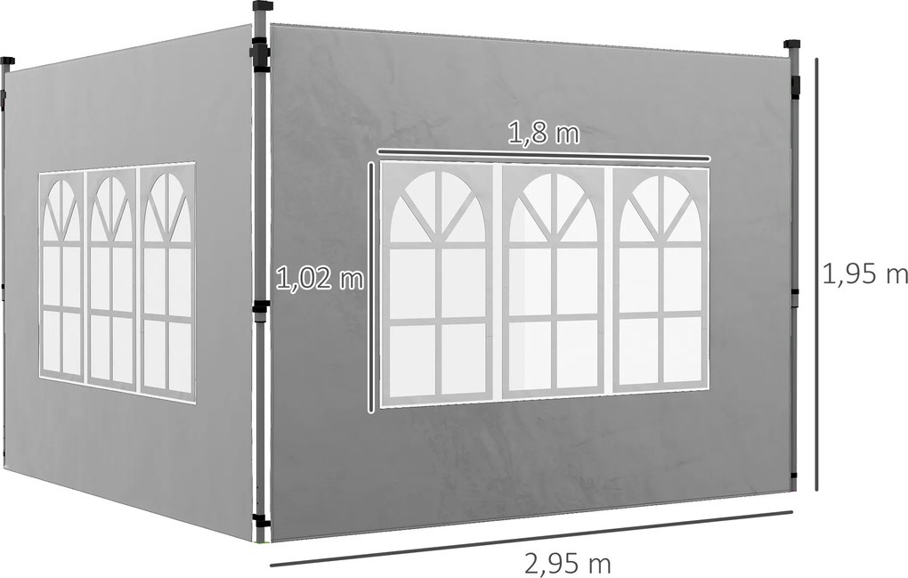 Outsunny Zestaw 2 szt. ścianki boczne do pawilonu 3x3/3x4 m, ścianka z oknem, wodoodporne, jasnoszary | Aosom PL