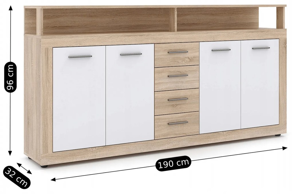 Komoda Czterodrzwiowa z Szufladami BLAGO 190 cm Dąb Sonoma/Biała Nowoczesna