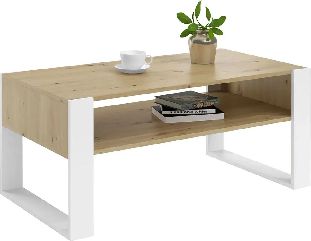Prostokątna ława kawowa z półką - dąb artisan + biały C4-D63