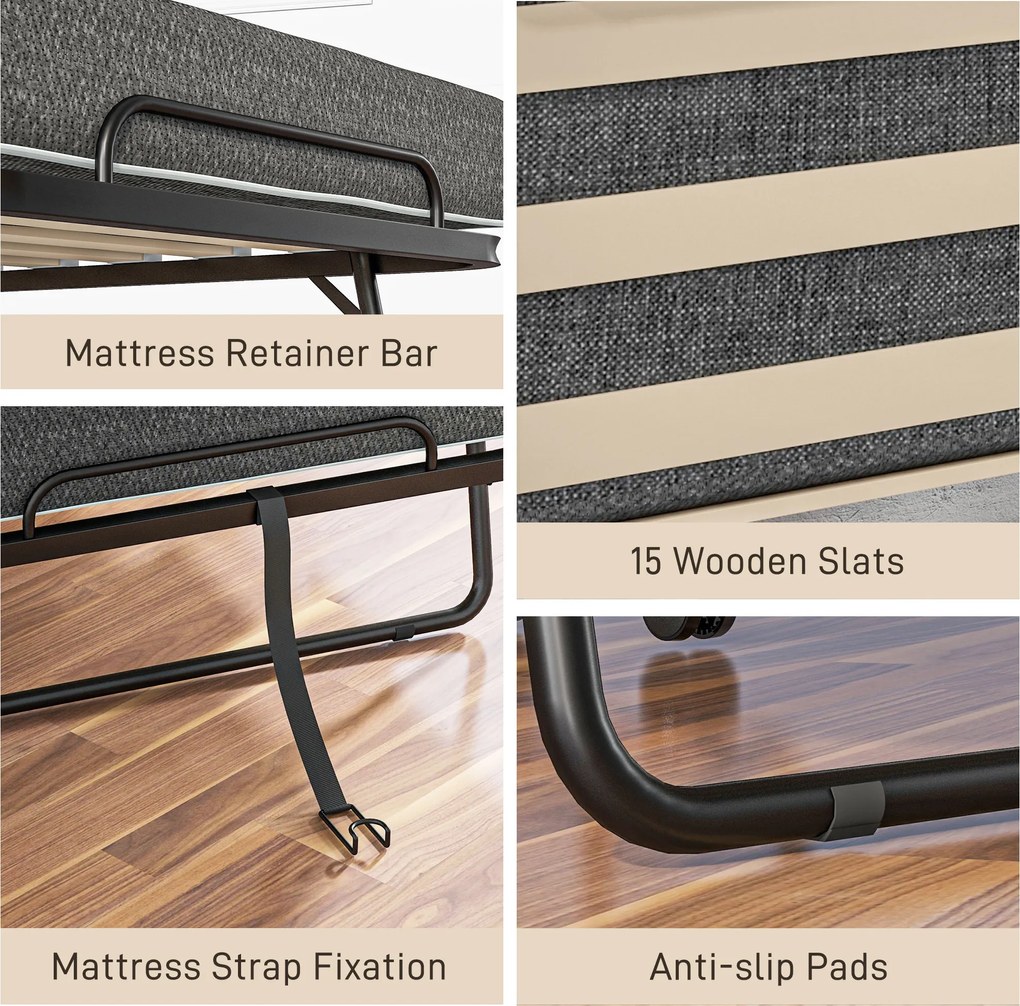 HOMCOM Łóżko Składane, Materac, 4 Koła, Stelaż Metalowy, do 150 kg, 190 x 80 x 42 cm, Ciemnoszary