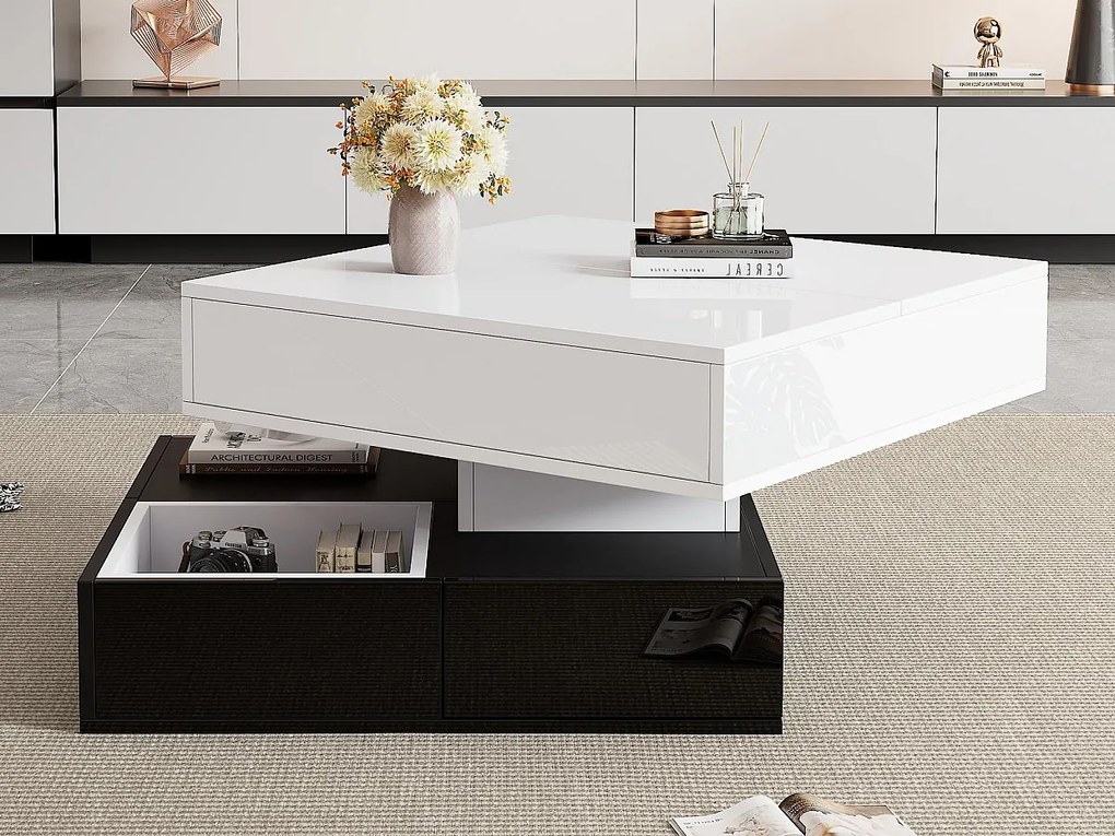 Stolik kawowy podnoszony 70x70x40 cm - obrotowy blat 360° - z 3 szufladami - błyszczące wykończenie - Biały + Czarny