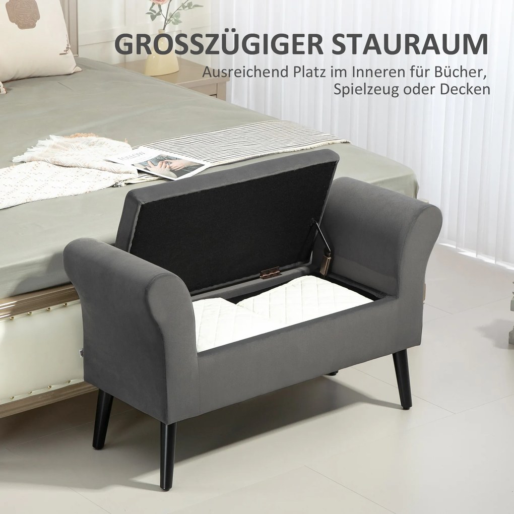 HOMCOM Ławeczka z miejscem na przechowywanie, składana pokrywa, miękka siedziska, aksamitny wygląd, 111,5x41x65 cm, Szara