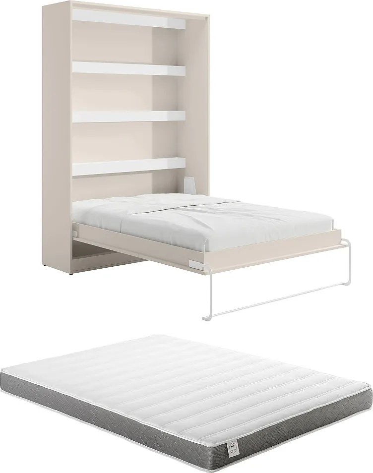 Łóżko chowane w szafie  160 x 200 cm - Otwierane pionowo ręcznie - Z oświetleniem LED - Beżowe + Materac - RAPILI