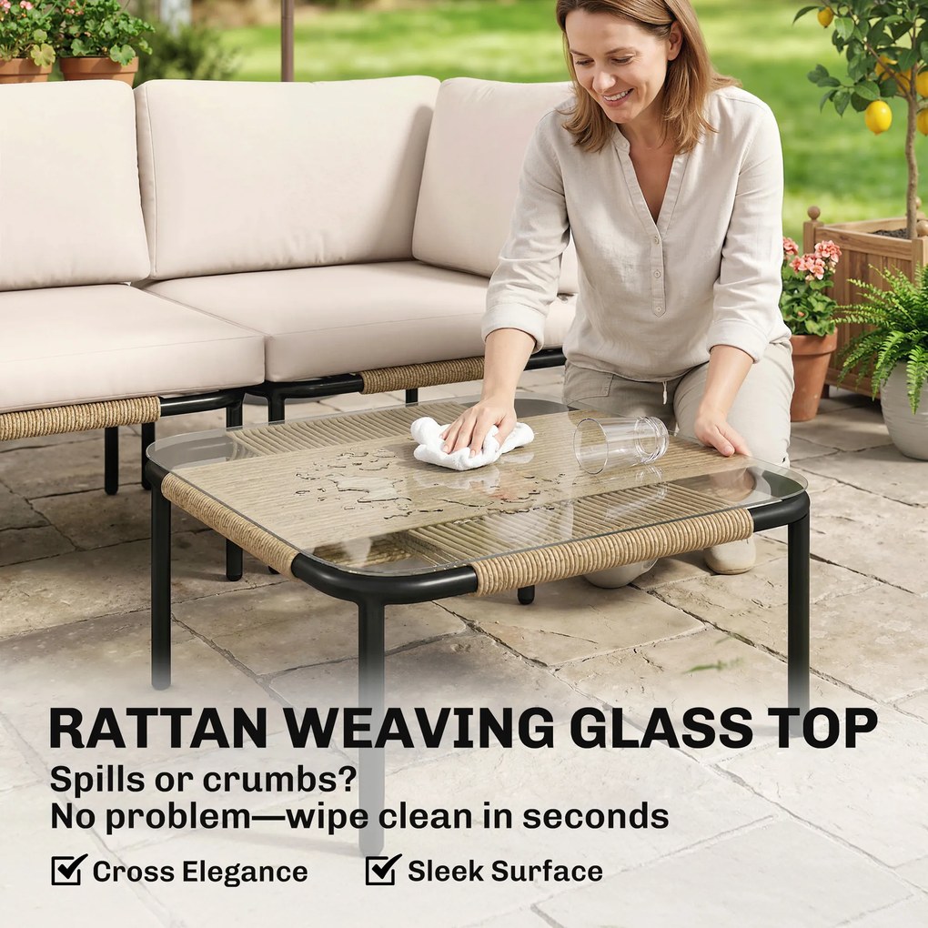 Outsunny Zestaw mebli z polirattanu 5-częściowy, 3 fotele, stolik ze szkła, podnóżek, szerokie i głębokie siedziska, zdejmowane poduszki | Aosom PL