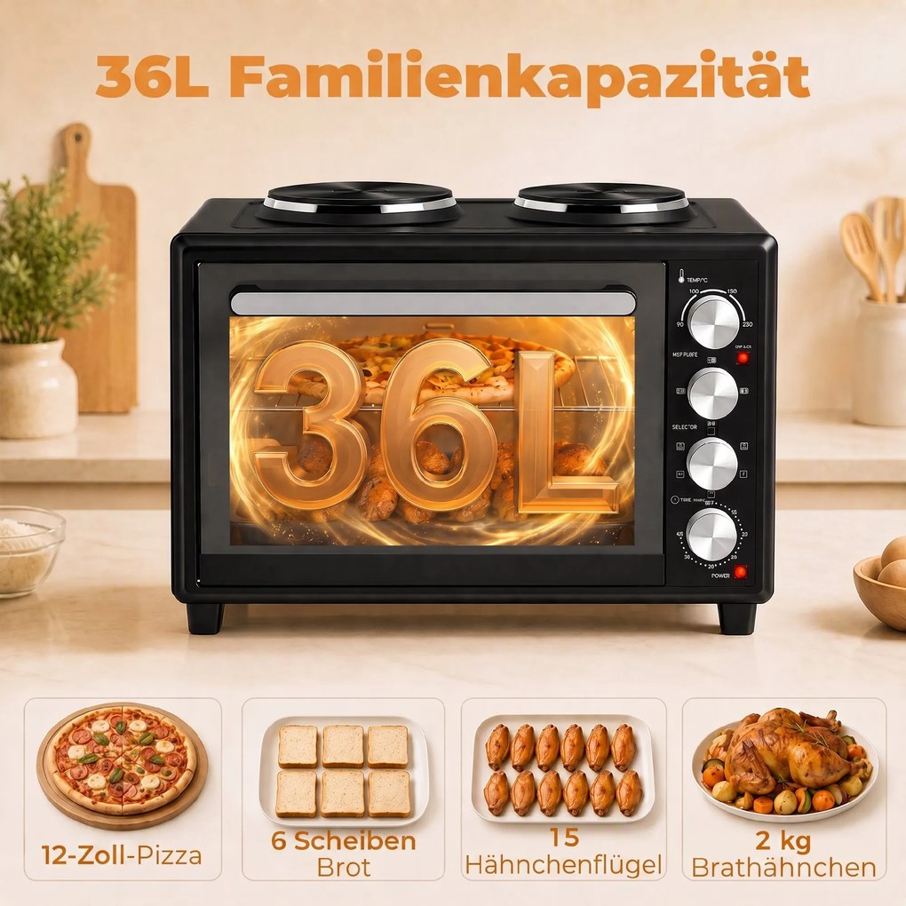 HOMCOM 36 l mini piekarnik z 2 płytami grzewczymi, elektryczny piekarnik stołowy z termoobiegiem, 90–230 °C | Aosom PL