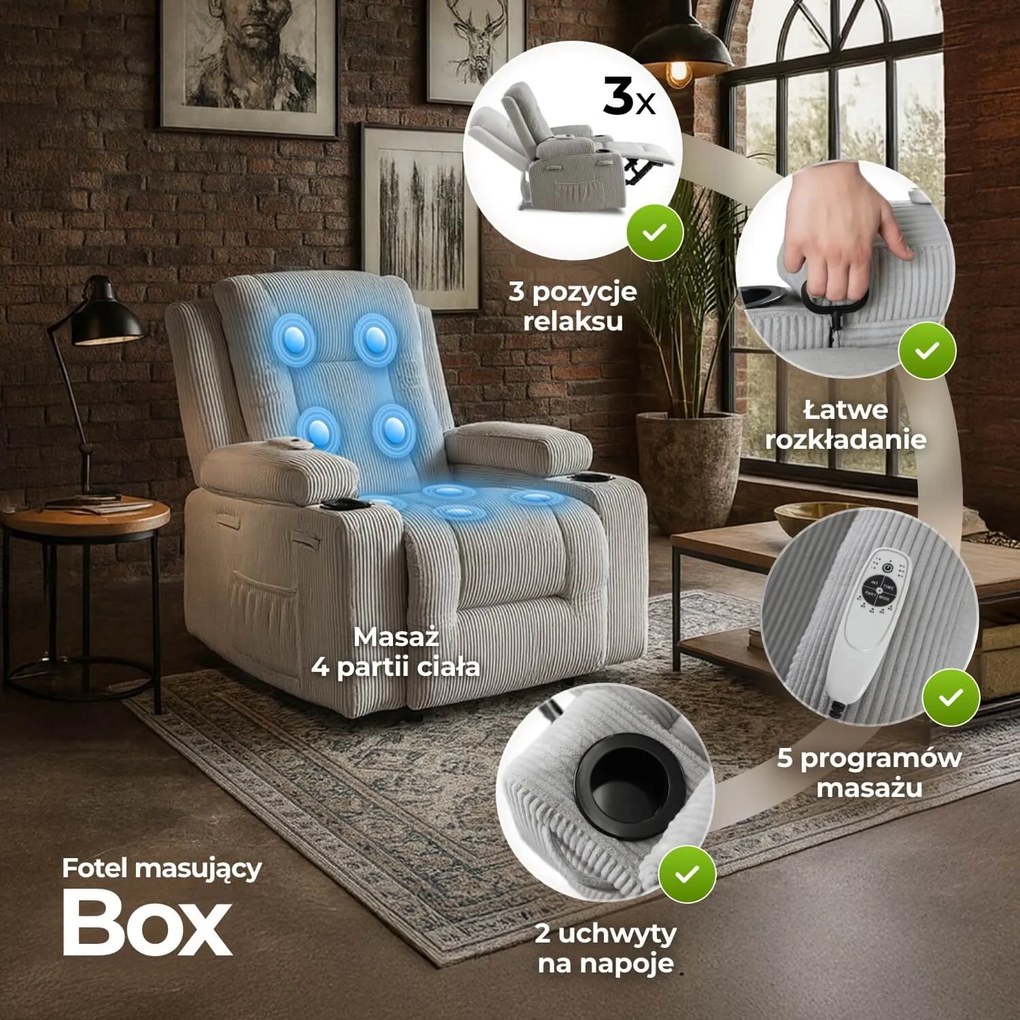 Fotel Masujący BOX Rozkładany Wypoczynkowy z Podnóżkiem Szary Sztruksowy Nowoczesny