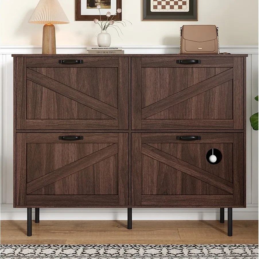 Szafka na buty w ciemnym drewnie z 4 drzwiami, czarnymi uchwytami i nogami - do przedpokoju