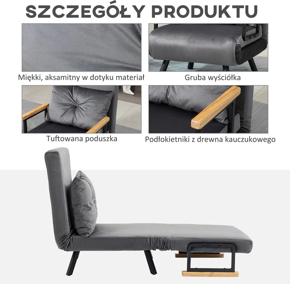 HOMCOM Rozkładana sofa z poduszkami stylowa i praktyczna obciążenie do 120 kg ciemnoszara | Aosom PL