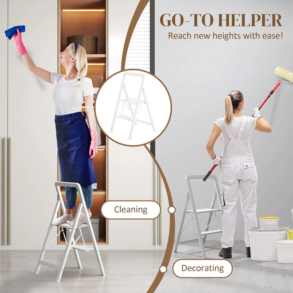 HOMCOM Drabina 2-stopniowa, Składana, Antypoślizgowa Platforma, Biała