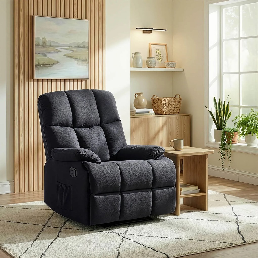 Fotel Rozkładany Wypoczynkowy z Podnóżkiem RIKO Czarny Nowoczesny