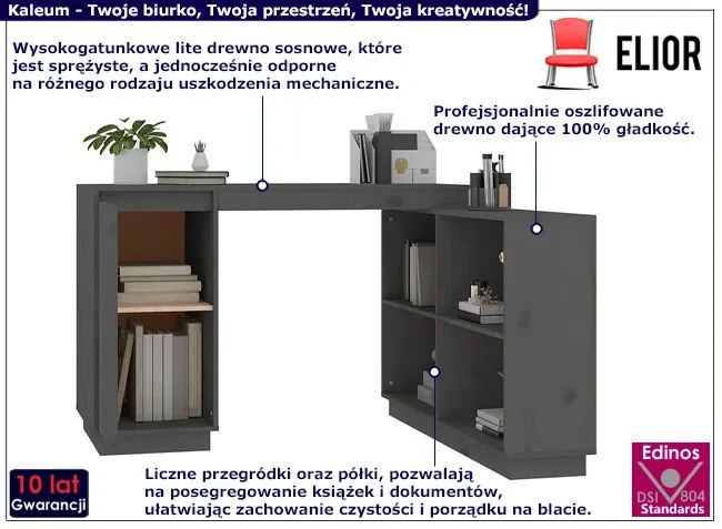 Szare drewniane biurko narożne z regałem na książki Emprix