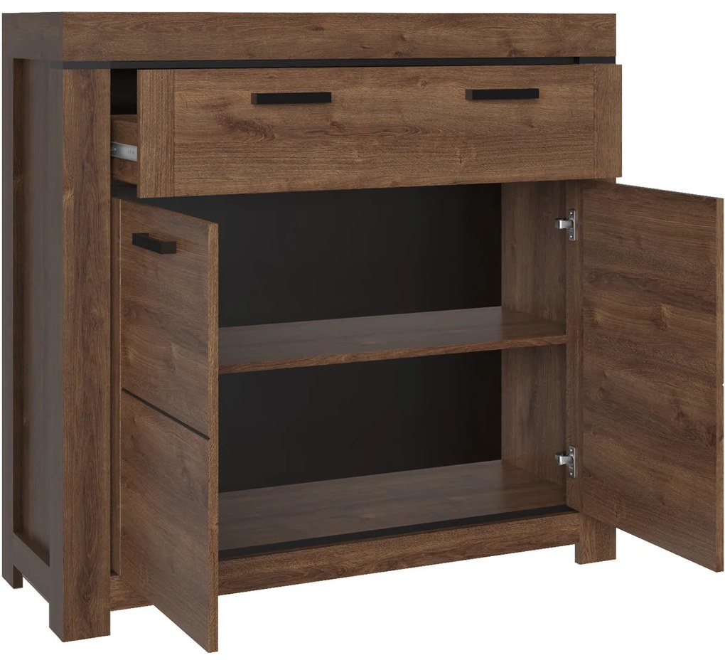 Komoda Dwudrzwiowa z Szufladą Drewniana do Salonu MYTH 112 cm Dąb brązowy Loft