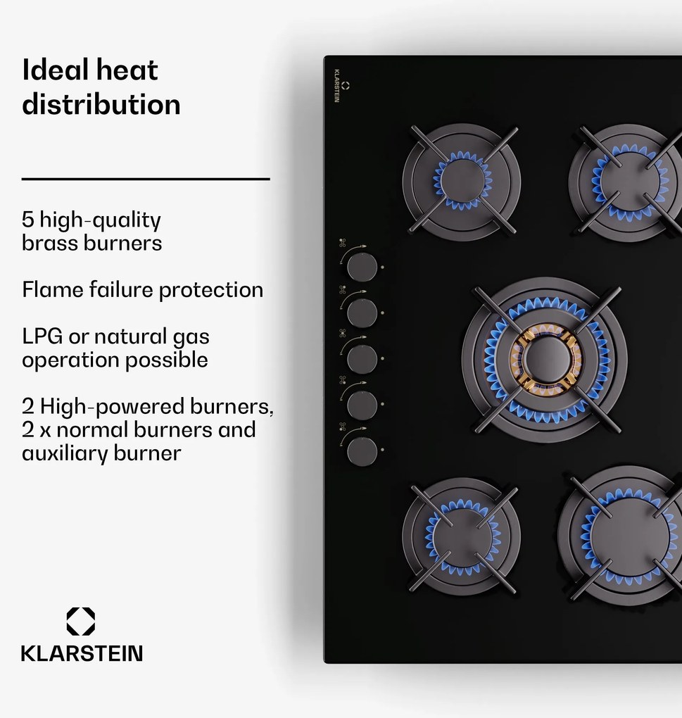 Klarstein Goldflame 75cm Płyta gazowa 5 palników Czarny