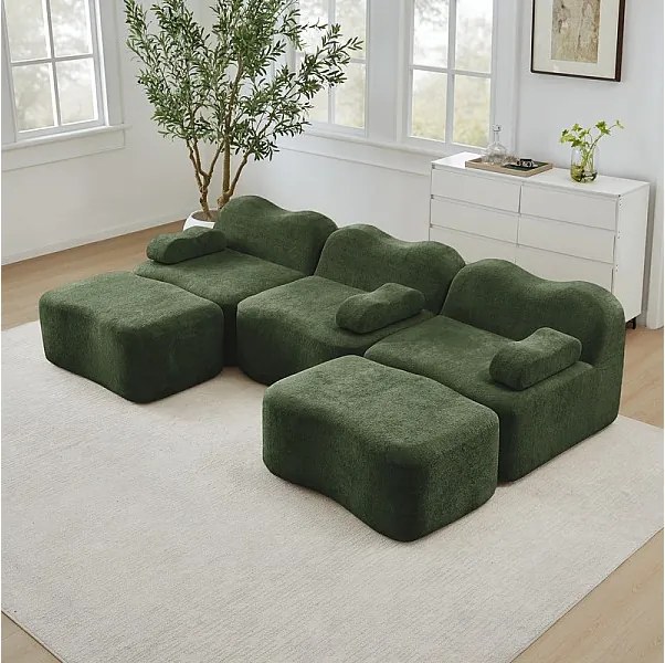 Canapé d'angle panoramique en velours, avec 2 pouf et coussin d'accoudoir, 288x167x70cm, Vert