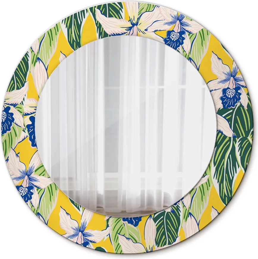 Lustro z nadrukiem okrągłe Niebieskie i żółte orchidee