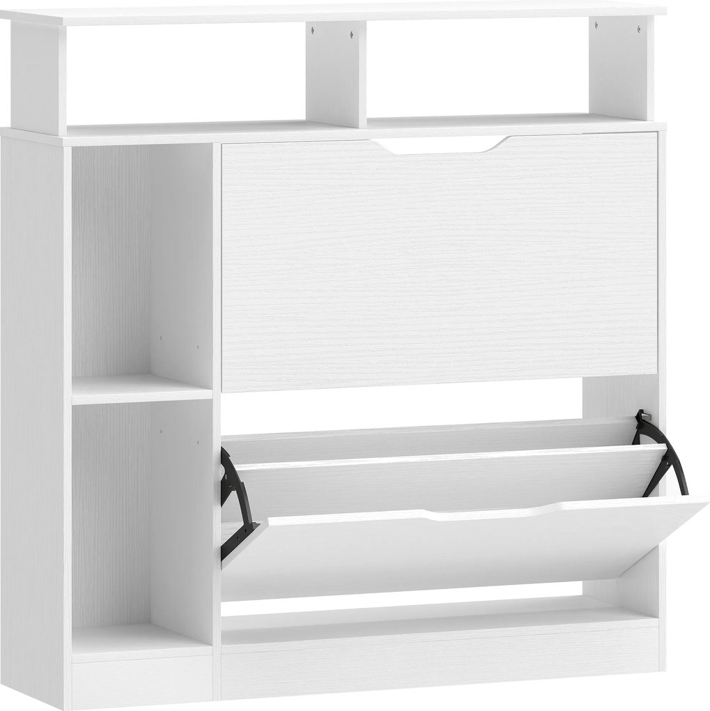 HOMCOM Szafka na buty z 2 klapami, uchylna szafka z regulowanymi przegrodami, otwartą półką na 12 par butów 89 x 25 x 92 cm biała | Aosom PL