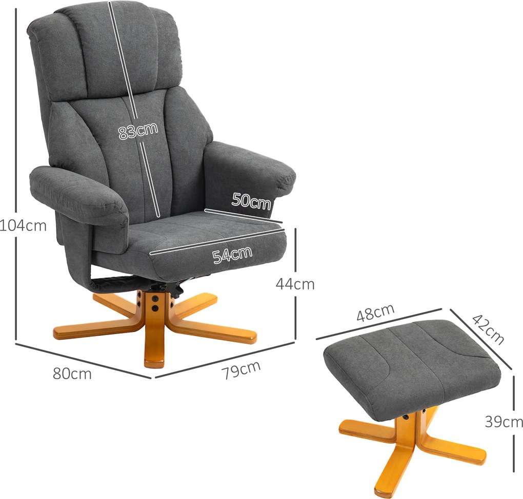 HOMCOM Regulowany fotel z pufą z wysokim oparciem i drewnianą ramą do salonu, sypialni, Ciemnoszary
