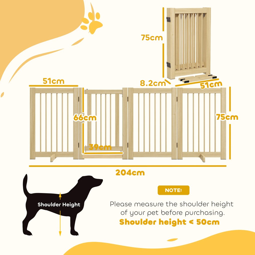PawHut Wolnostojąca bramka dla psów 4 panele elastyczna drewniana 204x36x75 cm naturalny kolor | Aosom PL
