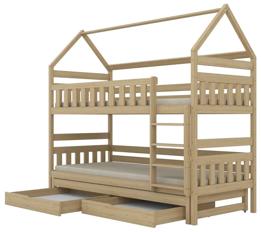 Łóżko piętrowe domek FELIKS 180x80 sosna lakierowana drewniane trzyosobowe z szufladami KOCOT KIDS