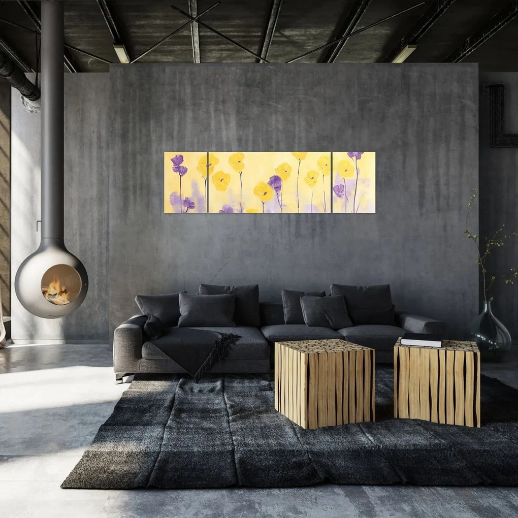 Obraz - Fioletowe i żółte kwiatuszki (170x50 cm)