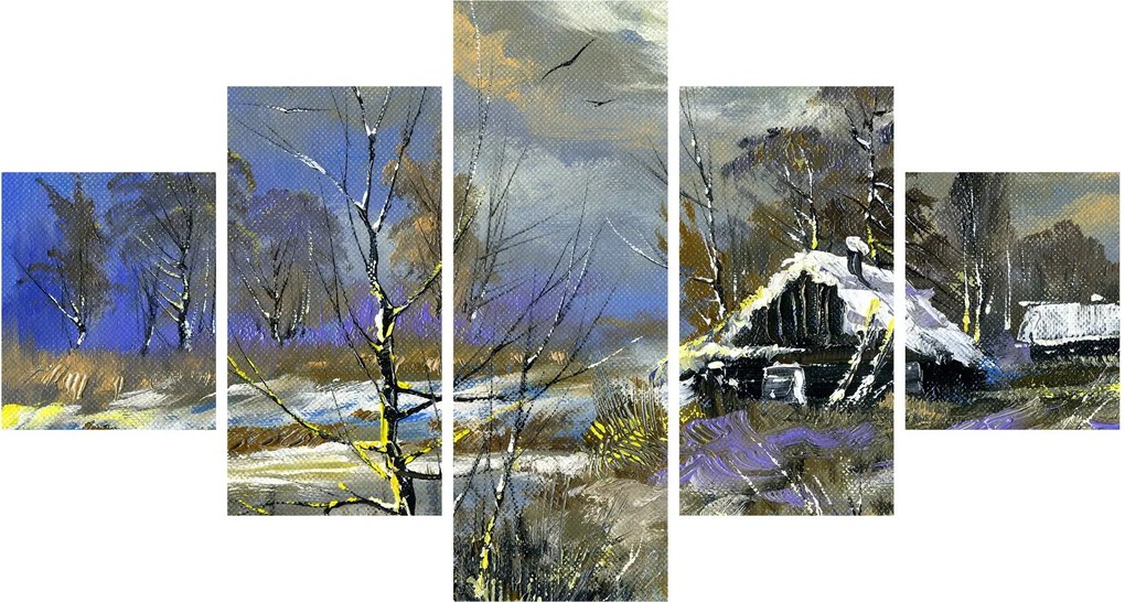 Obraz chaty w zimowym krajobrazie, obraz olejny (125x70 cm)