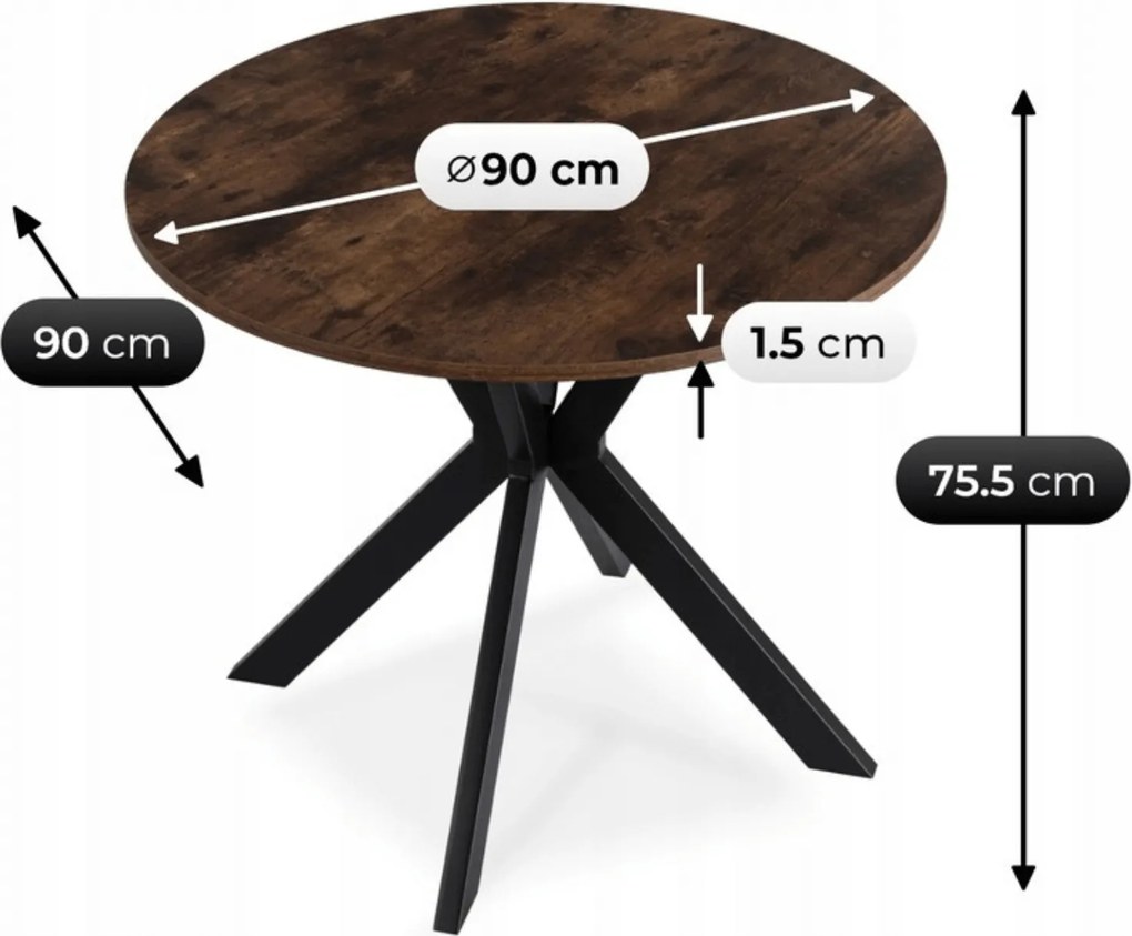 Okrągły stół industrialny Lauren 90 cm, dąb rustykalny/czarny