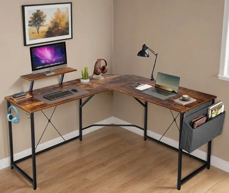 Duże biurko komputerowe narożne z nadstawką na monitor dąb D8-W95
