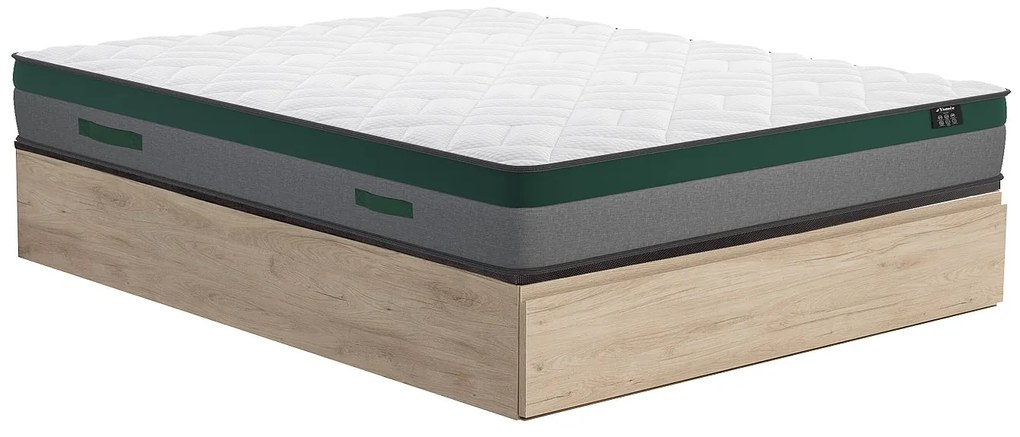 Zestaw 140 x 190 cm stelaż z jasną naturalną skrzynią i szufladą + materac o grub. 22 cm ze sprężynami kieszeniowymi - PRESTIGE marki YSMÉE
