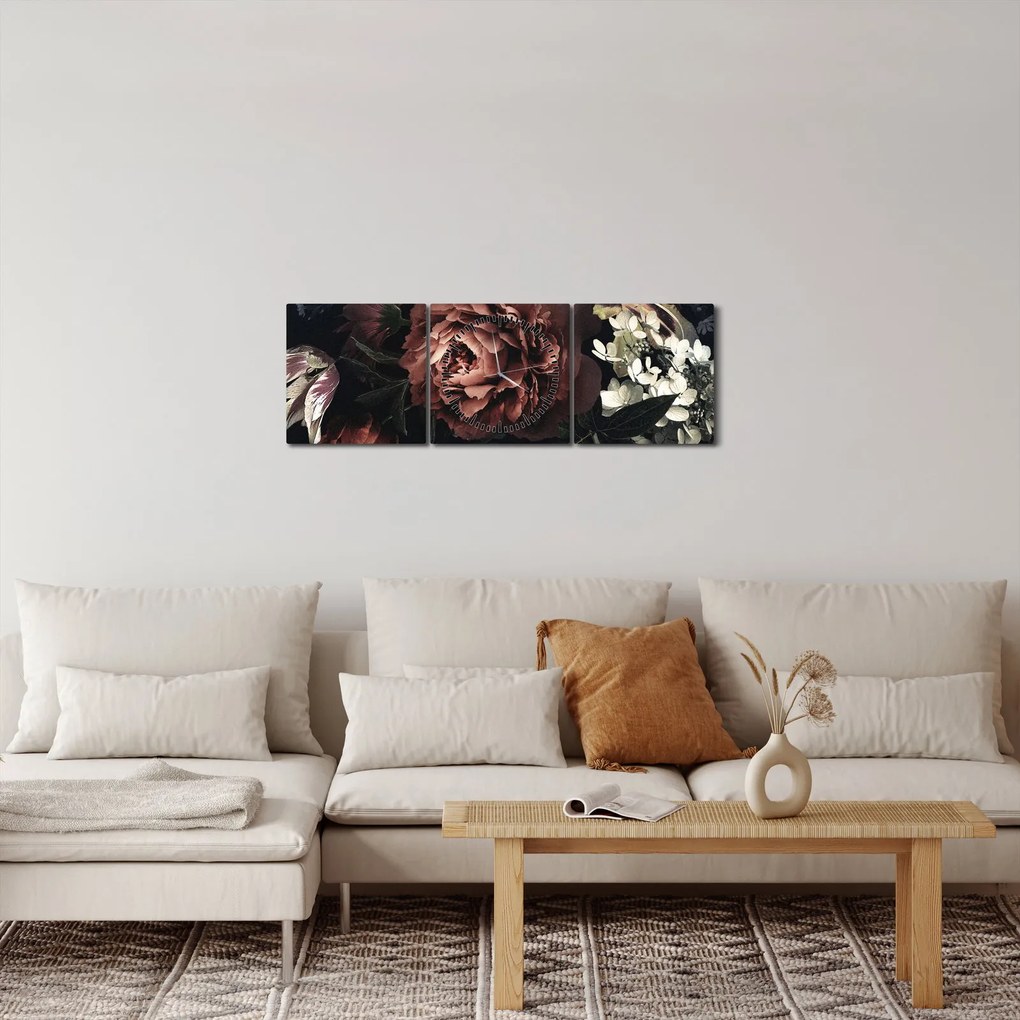 Obraz - Ciemne kwiaty (z zegarem) (90x30 cm)