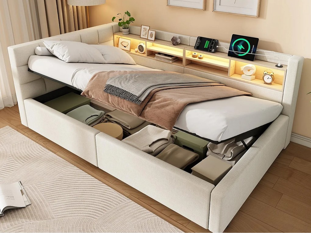 Kanapa-łóżko skrzyniowe 90x200cm - z oświetleniem LED - z półkami i portem USB - beżowa (materac nie wliczony w cenę)