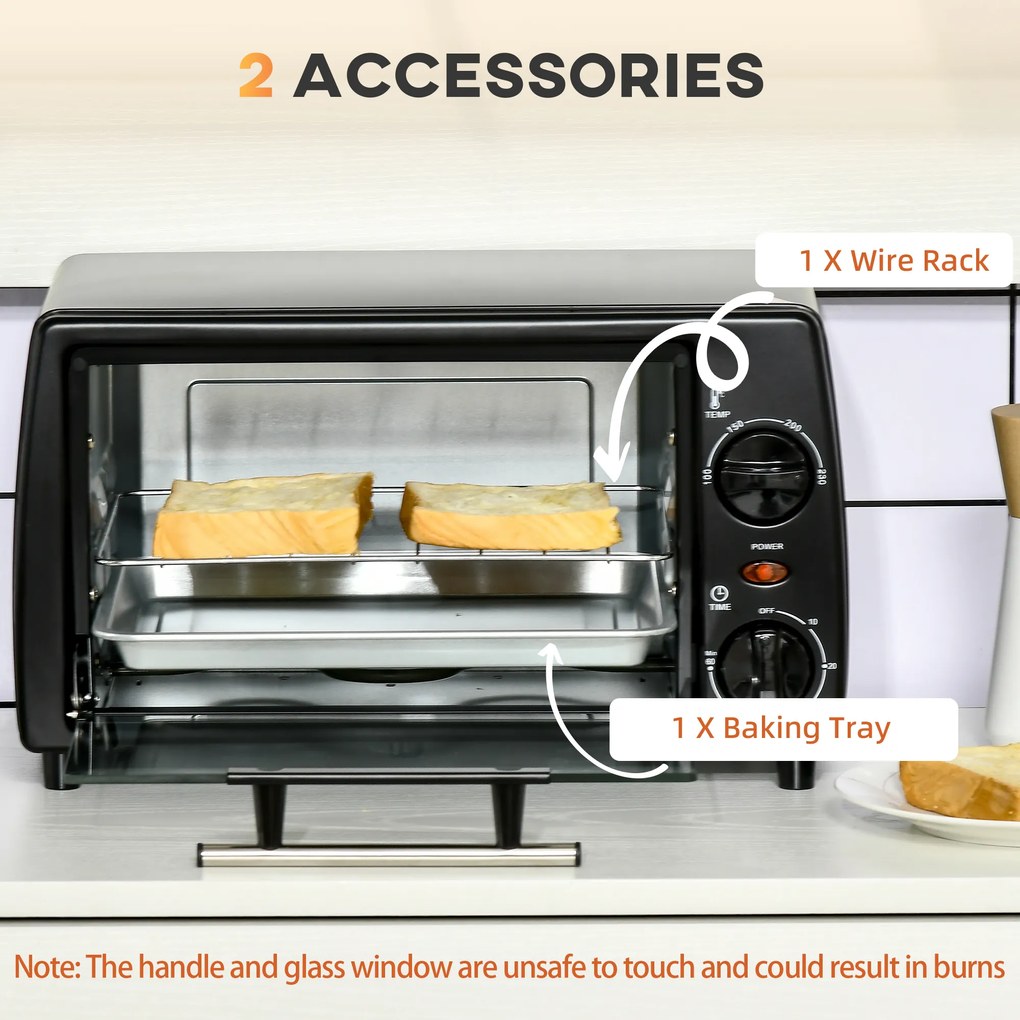 HOMCOM Mini Piekarnik Toster z Blachą i Rusztem Grillowym Czarny 365x26x22 cm z Funkcją Timera | Aosom PL