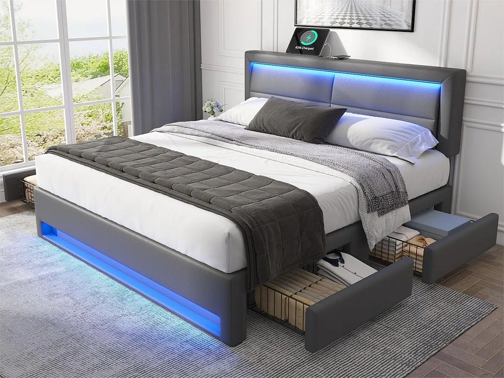 Łóżko podwójne 160x200 cm z ekoskóry z LED - 4 szuflady - z portami ładowania (przewodowym i bezprzewodowym) - Szare