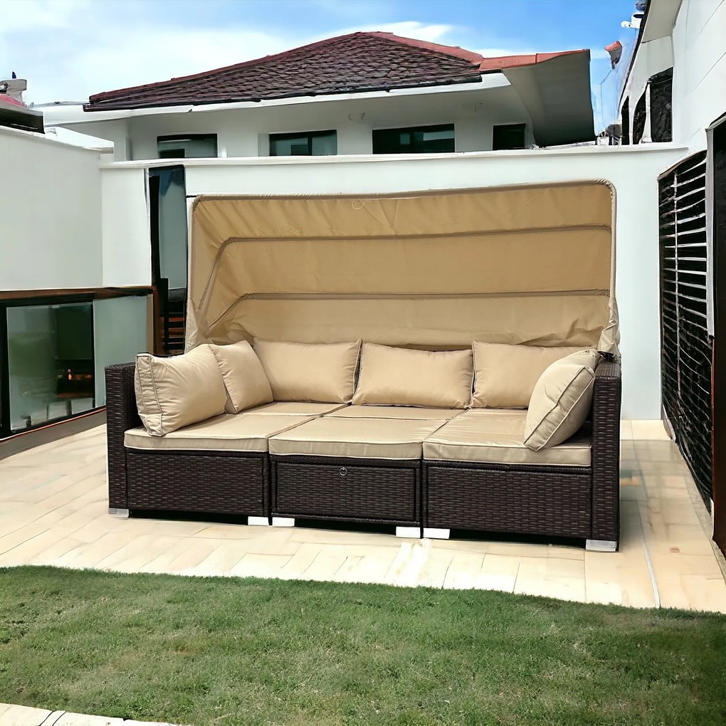 Wielofunkcyjny zestaw mebli ogrodowych - narożnik, leżanka z daszkiem Galicja 101 brąz, poduszki beżowe