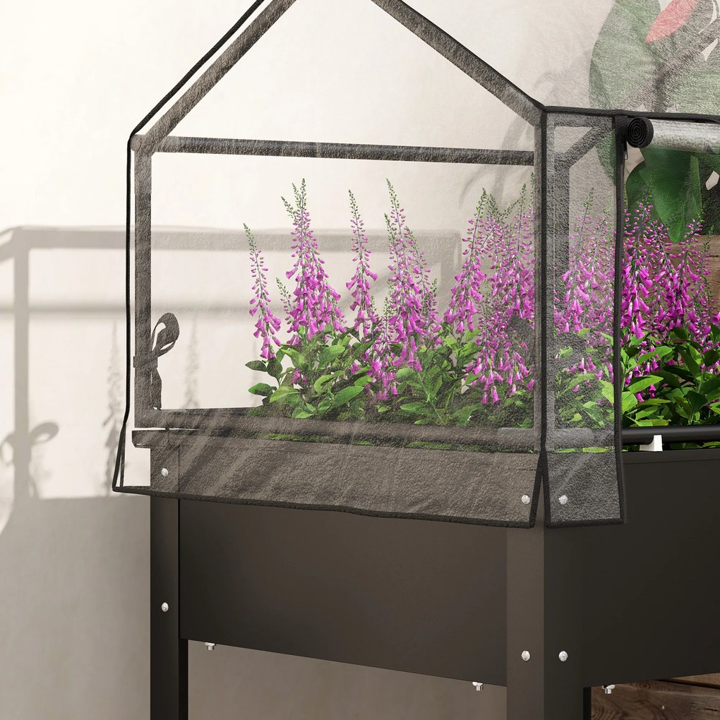 Outsunny Wysoki grządek z dachem szklarniowym, Podwyższona skrzynka na rośliny z otworami drenażowymi, 60 x 60 x 120 cm, Czarny