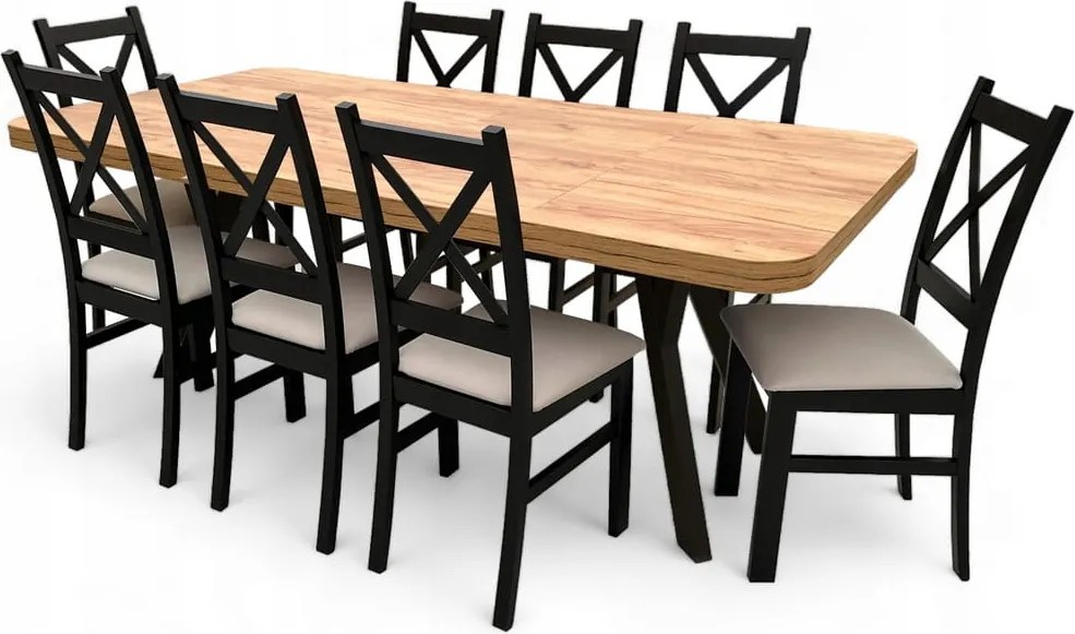Zestaw 8 Krzeseł + Stół Zaowalony 90x90 rozkładany 190 cm Dąb Craft + Beż + nogi drewniane Y