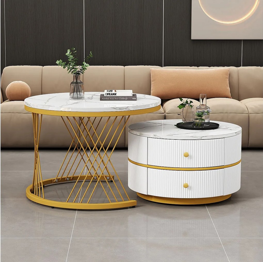 Zestaw 2 białych stolików kawowych z 2 szufladami, blat z MDF w okleinie marmurowej - złota rama