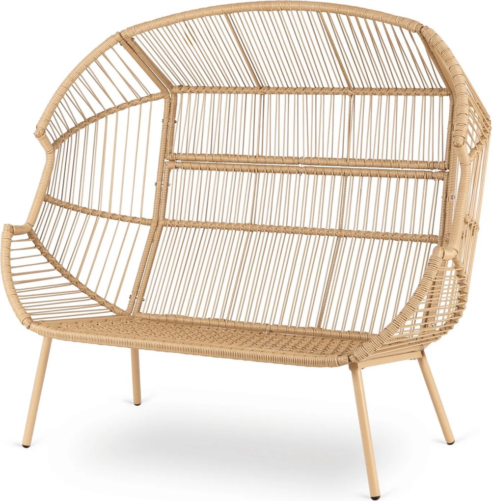 Fotel ogrodowy 2-osobowy kokon Belira, technorattan, boho, z szarymi poduszkami