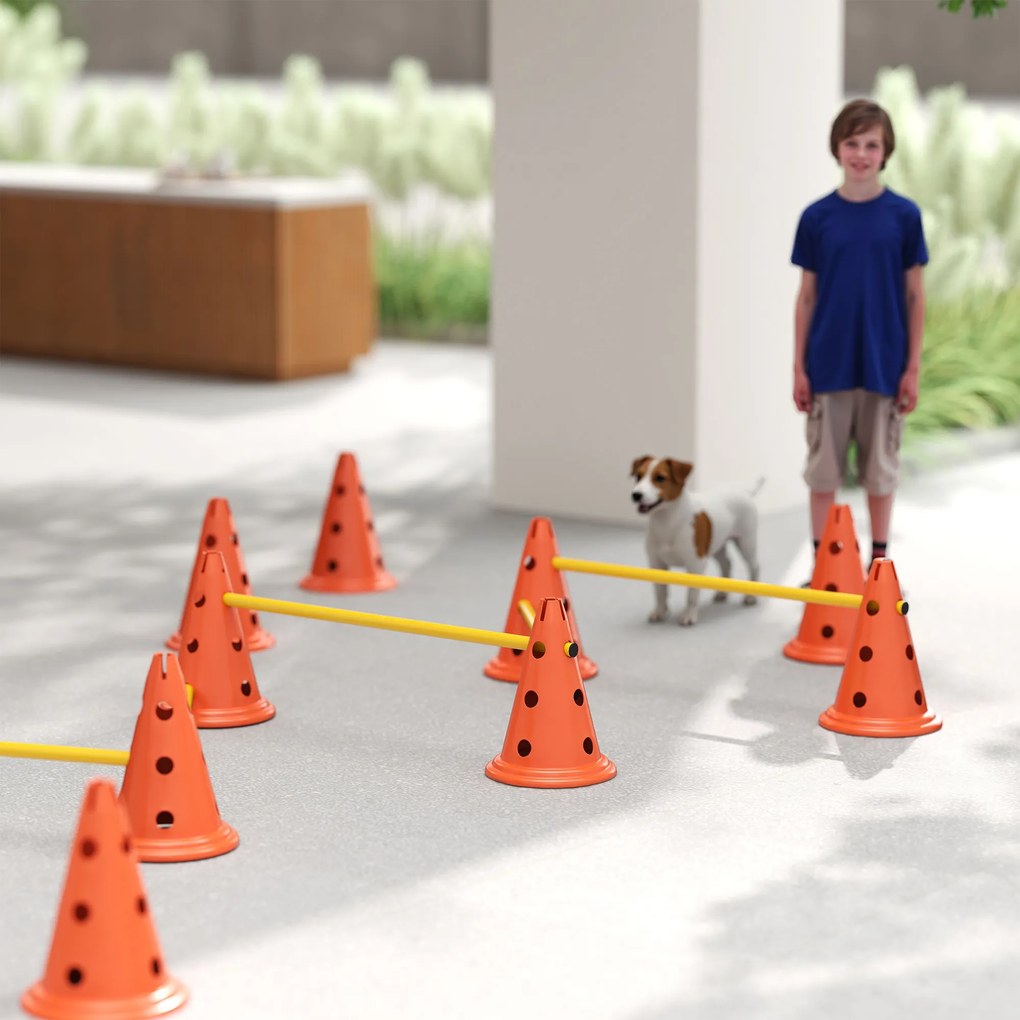 PawHut Zestaw Agility dla Psów 6-częściowy, Zestaw do Treningu z 12 Stożkami 6 Przeszkodami Torba