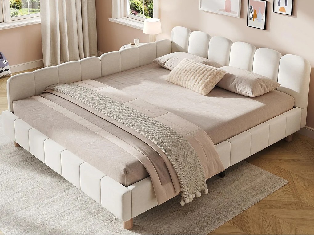Tapicerowane łóżko dziecięce 140x200cm - z pikowanym wezgłowiem i barierkami bezpieczeństwa - nogi z litego drewna - z weluru - beżowy