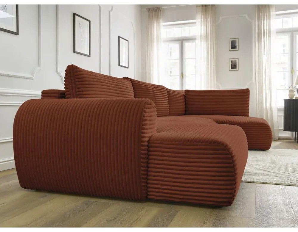 Ceglasty sztruksowy rozkładany/ze schowkiem narożnik (prawostronny/w kształcie litery U) Lucien – Bobochic Paris