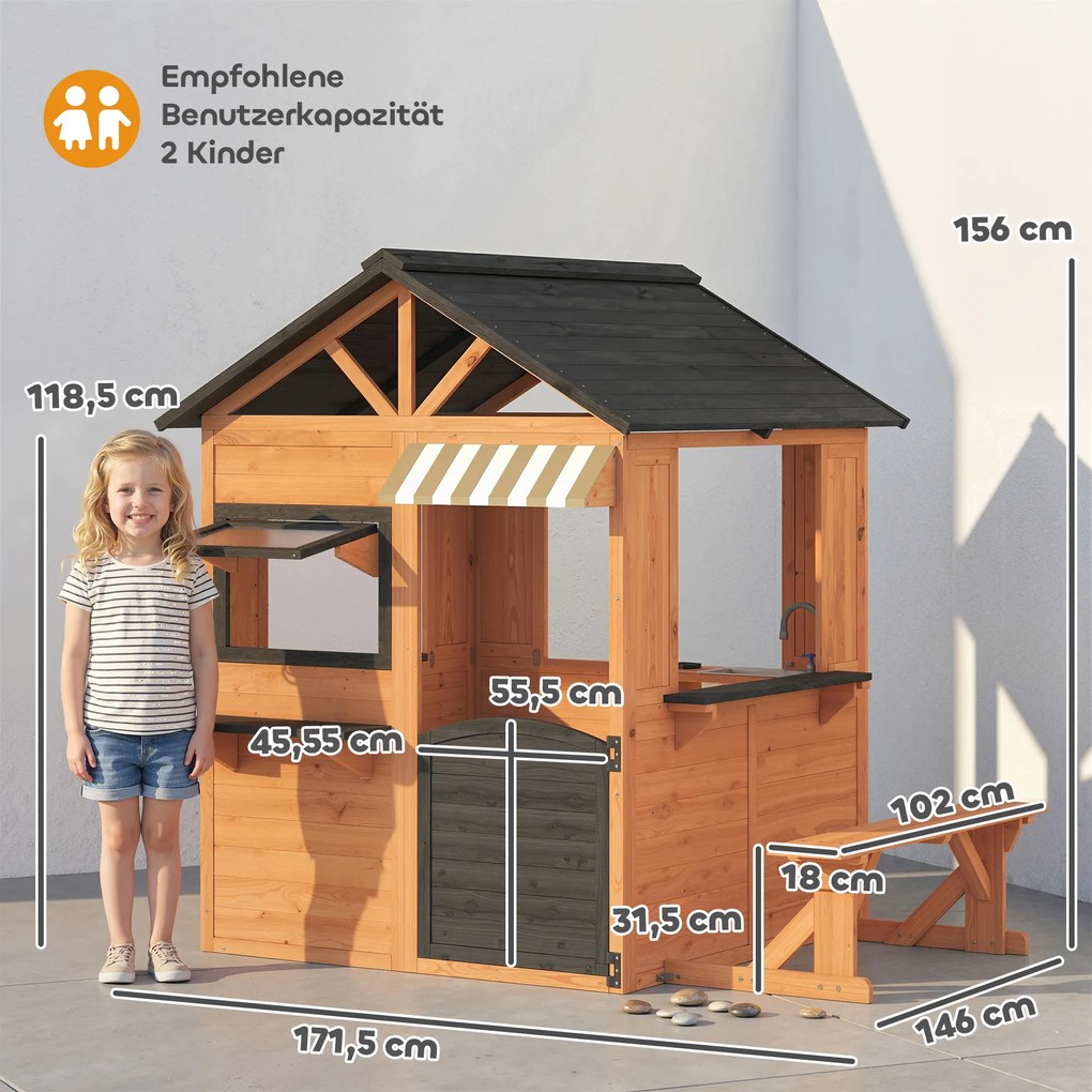 AIYAPLAY Drewniany domek dla dzieci z kuchnią, ławką, okienkami i drzwiami dla dzieci w wieku 3-8 lat, 171,5 x 146 x 156 cm, brązowy | Aosom PL