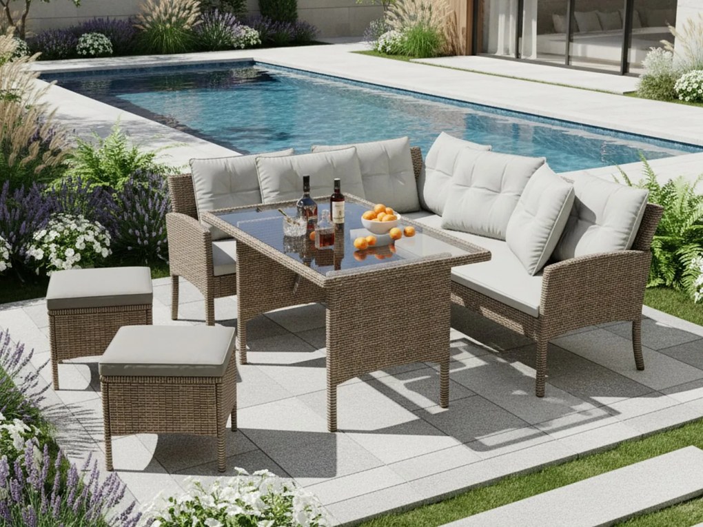 Zestaw mebli ogrodowych 7-osobowy z rattanu PE - 2 sofy, 2 pufy i 1 stolik kawowy - stalowa konstrukcja - Jasnoszary