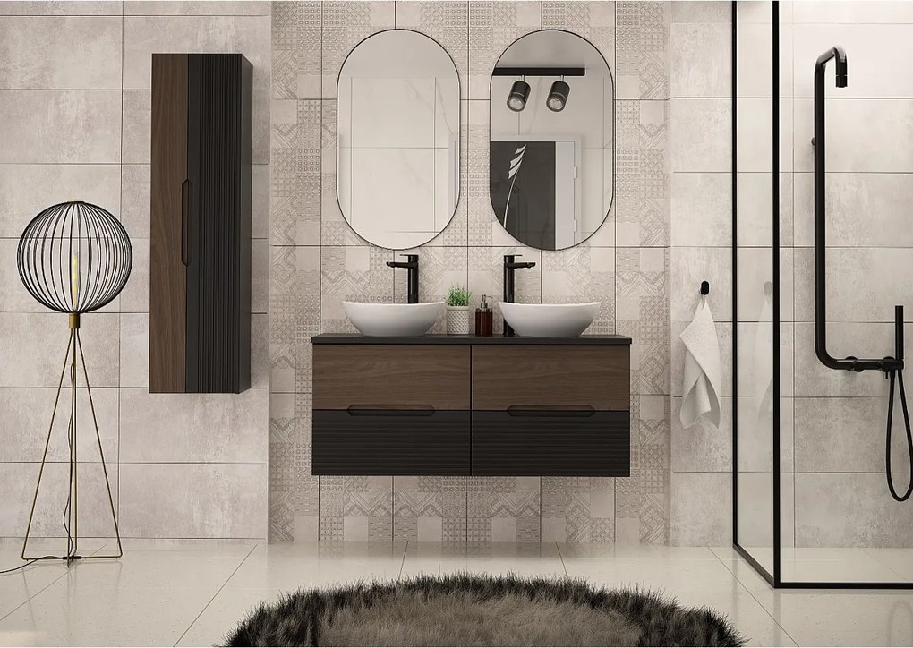 Zestaw Łazienkowy 120cm Szafka z Blatem Czarny Mat / Orzech Avella