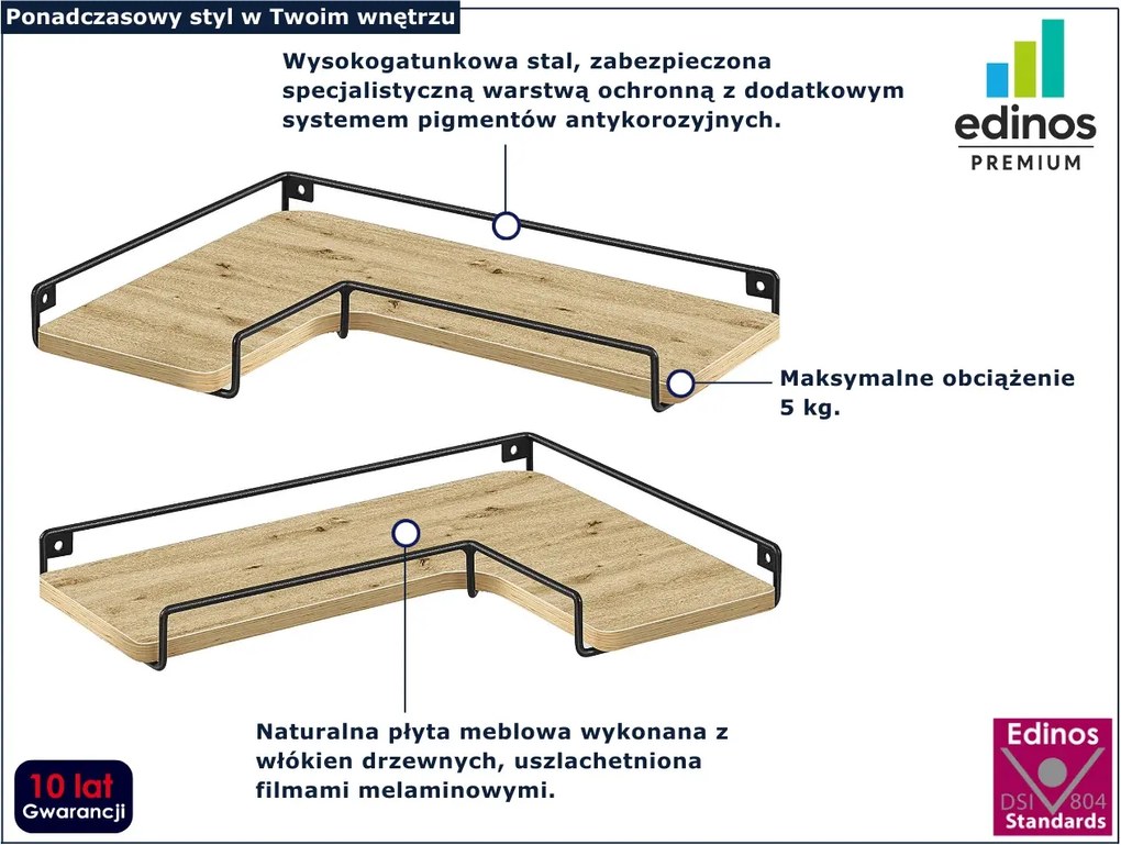 Loftowy komplet 2 ściennych półek narożnych dąb artisan R4-C76