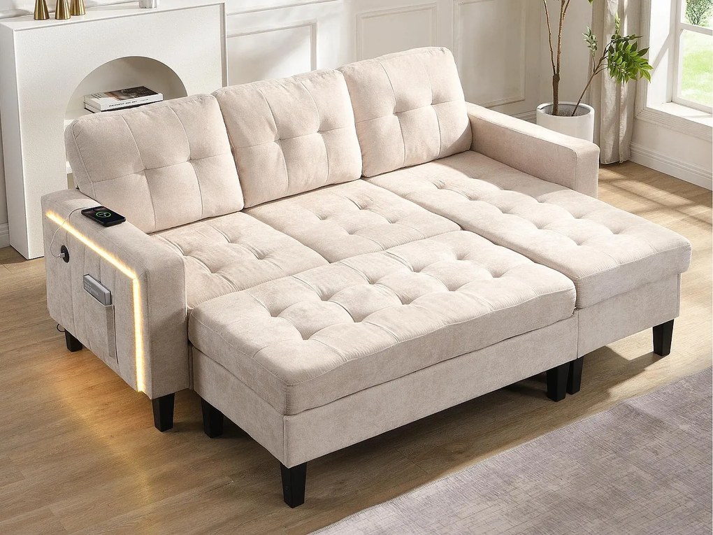 Zestaw narożnej kanapy w kształcie L 185x135x85cm - z ruchomym podnóżkiem i oświetleniem LED - z USB - dowolna konfiguracja - ​​Beżowy​