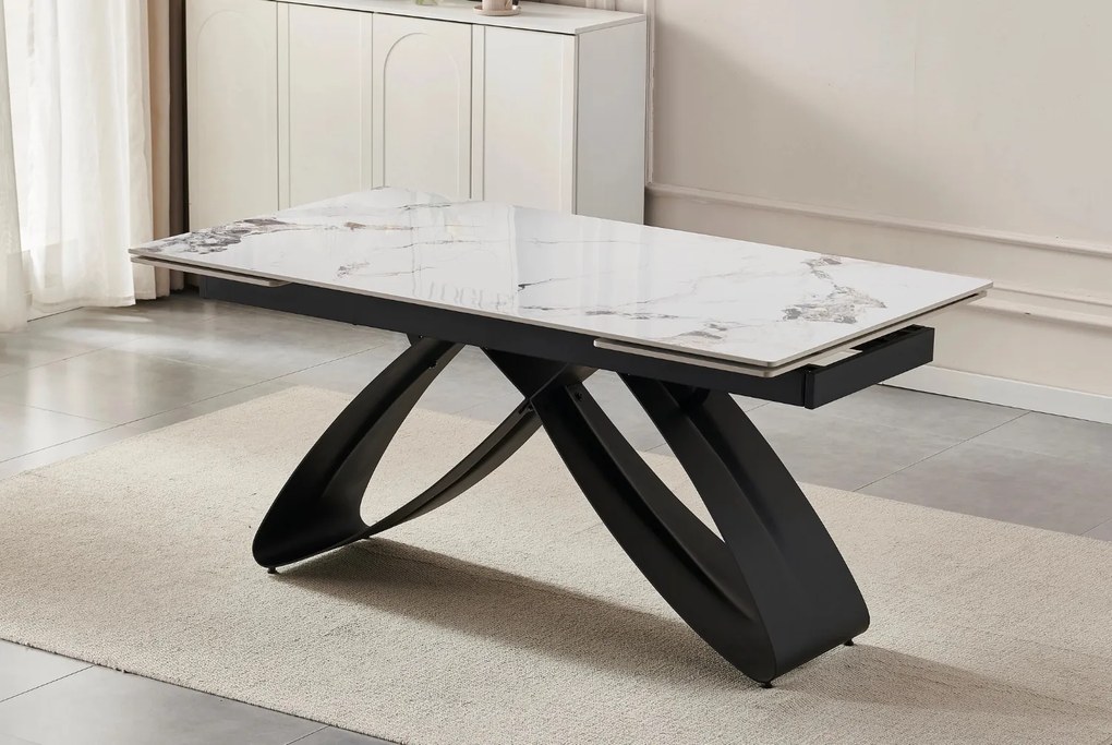 Rozkładany stół z ceramicznym blatem Luigi 160-240 cm, biały marmur/czarny